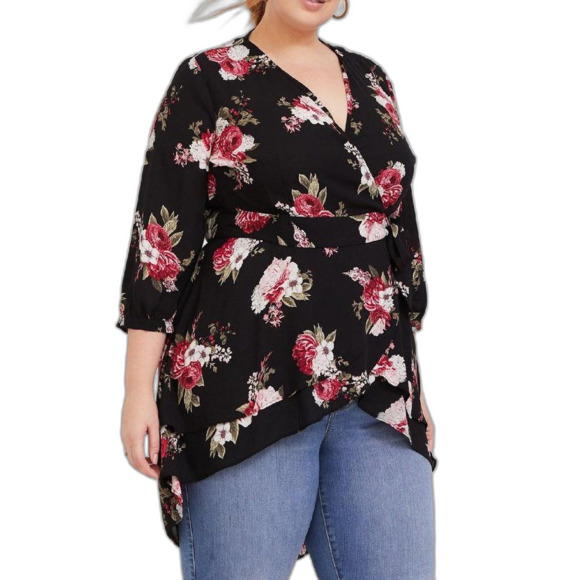 TORRID Wrap Top, 2/2X, Button/Tie, Black, Red floral, 3/4 sleeve, Poly/Washable - Picture 15 of 15